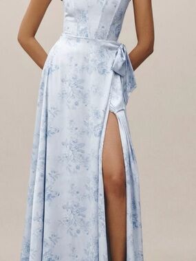 V. Chapman Pale Blue Floral Wrap Maxi Dress with High Side Slit